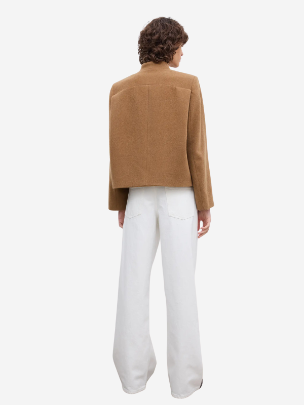 Front view of the Short Curved Jacket in Camel, perfect for both casual and formal occasions.