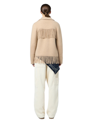 Flat lay of the Western Fringe Jacket in Dune, highlighting its rich color and western design details.