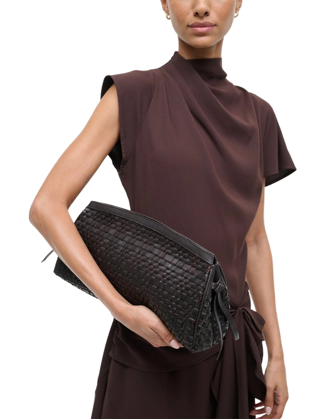 Elegant Maude Soft Clutch in Espresso Woven, showcasing a refined design woven leather clutch with interior zip pocket.