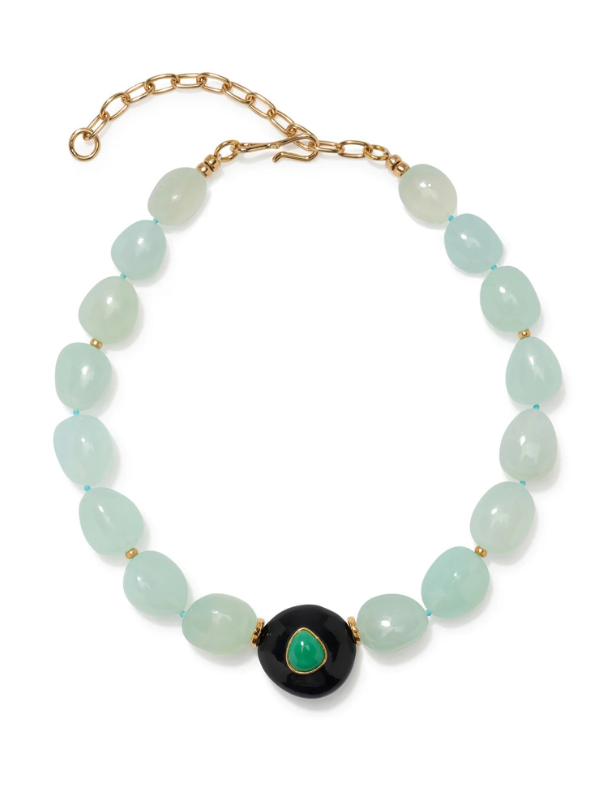 Andalusia Collar in Sea Foam featuring smooth aqua chalcedony beads, turquoise accents, and a black resin focal with chrysoprase stone by Lizzie Fortunato.