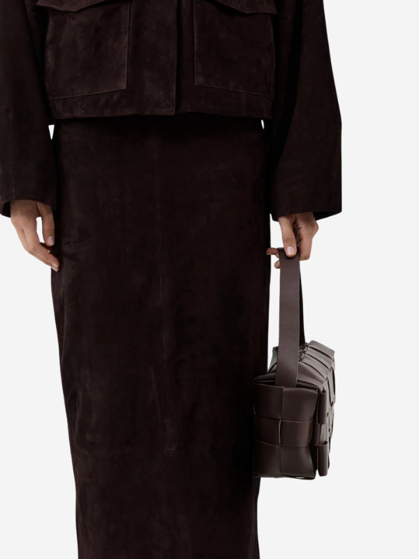 Interior view of the Woven Envelope Slim Tote in Chocolate, featuring cotton lining and an internal pocket for organization.