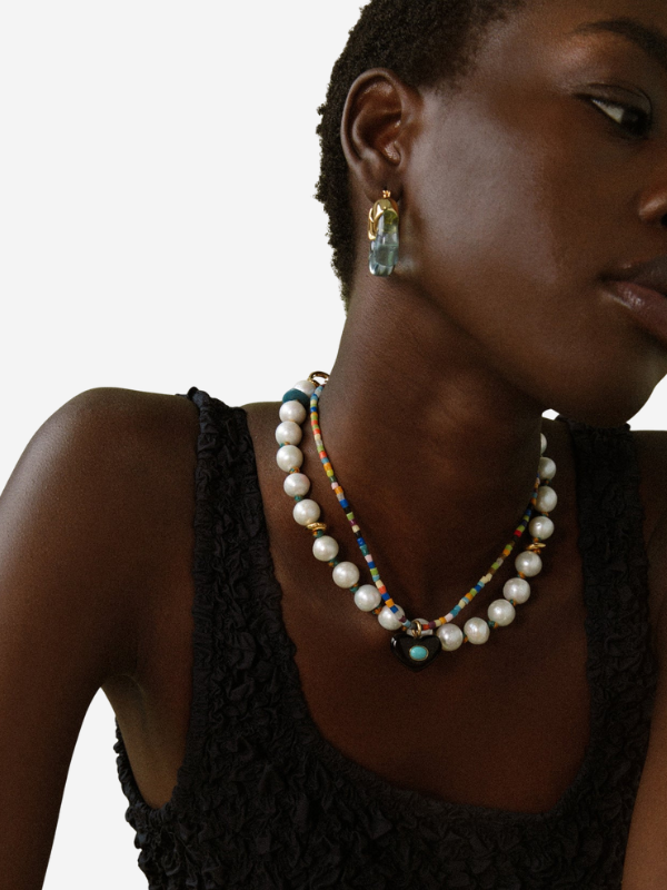 Organic Hoops in Aqua - Elegant display of Lizzie Fortunato's gold-plated hoop earrings with aqua detailing, made in the USA.