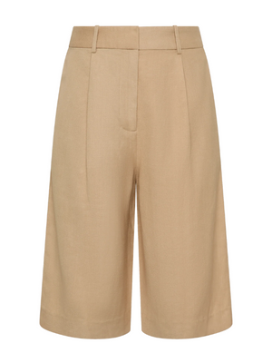 Astrid Shorts in Sahara by FaithFull, showcasing a high-waisted, softly tailored bermuda style with pleats and wide legs.