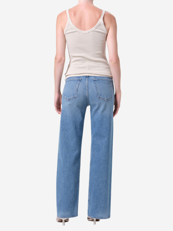 Back view of Ren 32" Jean in Measure emphasizing the relaxed fit and comfortable styling for everyday versatility.