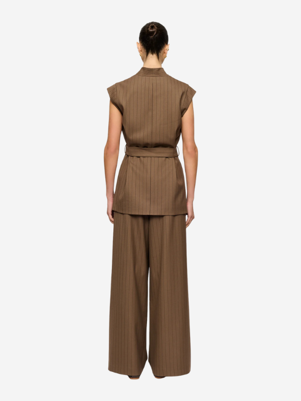 Back view of the Payne Belted Vest in Truffle Stripe, emphasizing the structured full lining and block-fused construction.