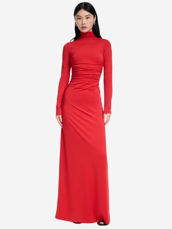 Close-up view of the Jazmina Dress in Grenadine highlighting the luxe stretch jersey fabric and sophisticated design.