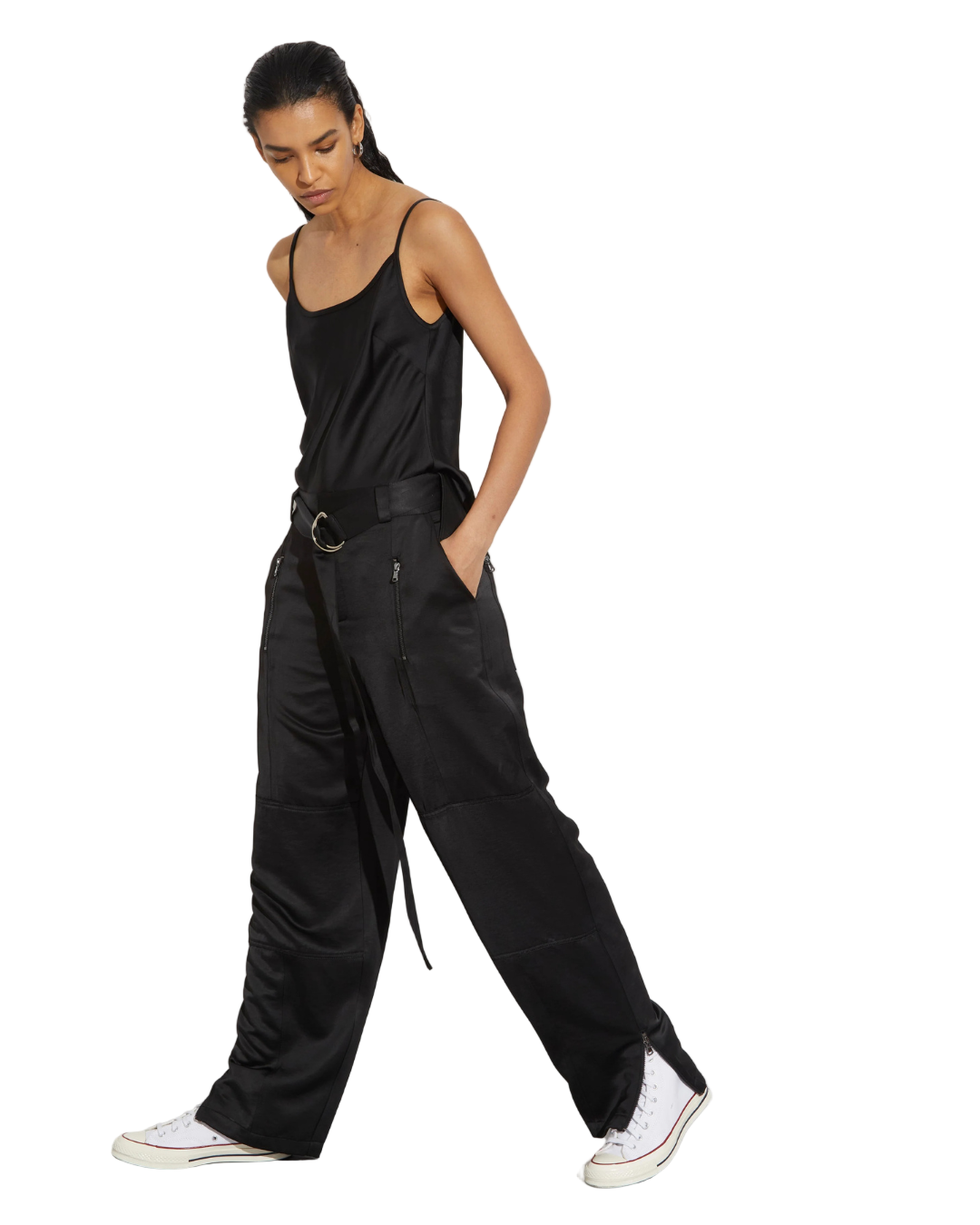 Elliot Cami in Black - Adjustable thin strap design showcasing sleek black fabric and subtle SA logo at the back.