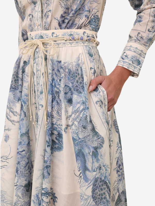 The Wanderlust A-Line Maxi Skirt in Blue Toile flattering figure and providing a sophisticated flair, a must-have piece from Zimmermann.