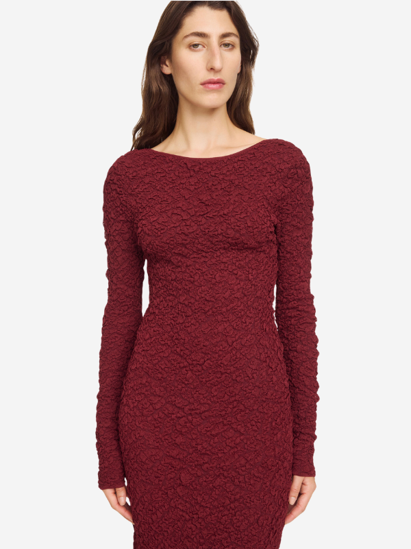 Elegant Venus Dress in Cabernet by By Malene Birger displayed on a hanger, showcasing its fitted shape and rich color.