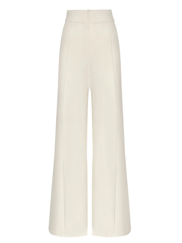 Dedicame pant in Off White by Andres Otalora showcasing sleek high waisted silhouette with soft fabric and structured design.