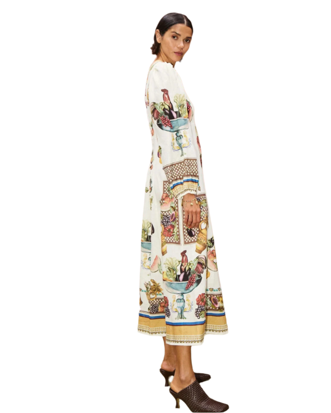 Model wearing Mercado Midi Dress in Multi - Trendy midi dress for women made from 100% European linen.