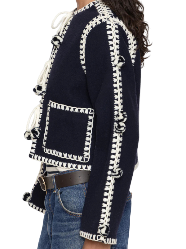 Model wearing the Addison Jacket in Navy, combining vintage charm with modern style.