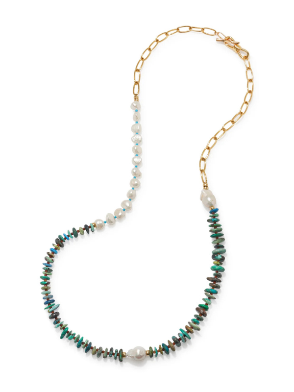 Close-up of the Porto Covo Necklace in Pine showing the intricate mix of freshwater pearls and chrysocolla beads.