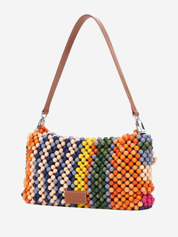 Full view of the Staud Timmy Shoulder Bag in Multi Bayadere Stripe on a stylish mannequin.