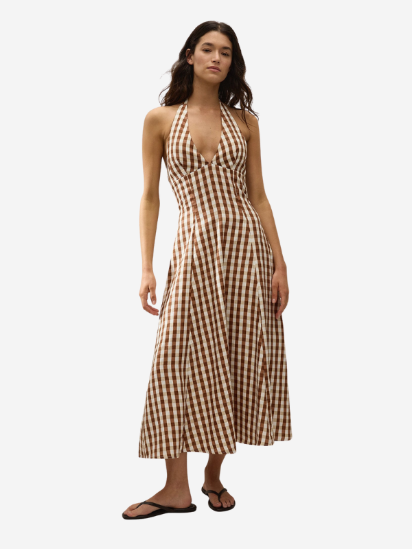 Close-up of the Marais Midi Dress in Gingham Cedar by Faithfull, showcasing the 100% European Flax linen fabric and nostalgic gingham print.