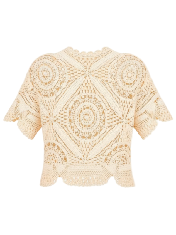 Maddalena Top in Cowrie by Ulla Johnson showcasing intricate hand-crocheted geometric motifs in white mercerized cotton.