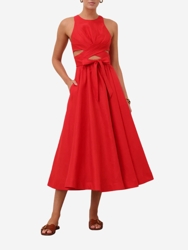 Close-up of the Patience Midi Dress in Dark Red showcasing the ruched bust and self-tie waist belt.