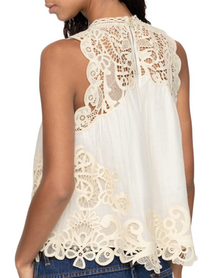 Lightweight Medina Tank in Cream by SEA, showcasing a relaxed silhouette and elegant lace.