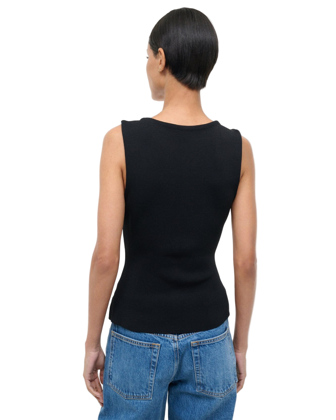 Back view of the Marisa Top in Black, designed by Staud with a modern and trendy look.