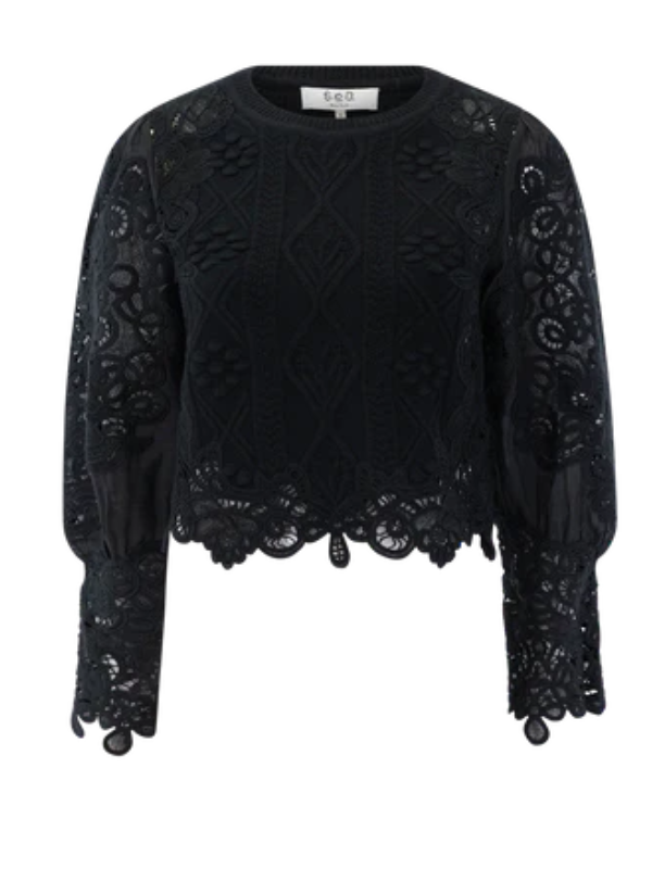 Vania Sweater in Black featuring a chic cable knit body and sheer lace sleeves by Sea.