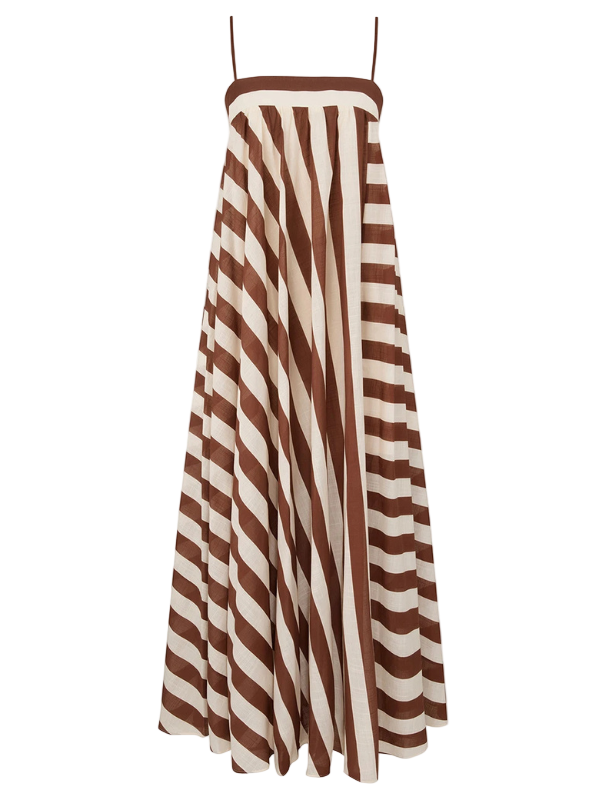 Daylight Stripe Maxi Dress in Choc/Cream Stripe by Zimmermann, showcasing the elegant straight neckline and adjustable straps.
