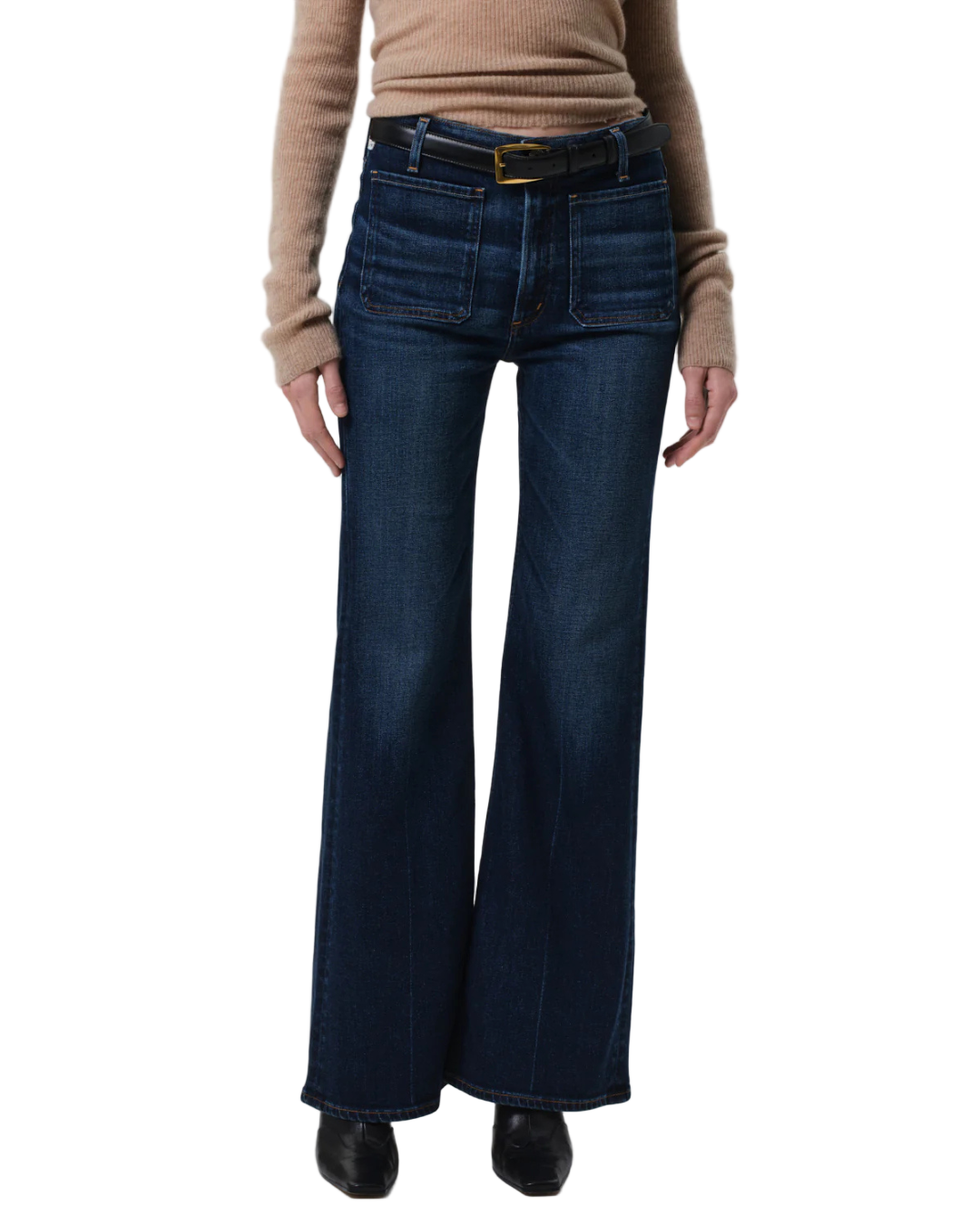 Close-up of the Kimberly Patch Pocket Flare in Mirka, accentuating the subtle fading and modern utility design elements.