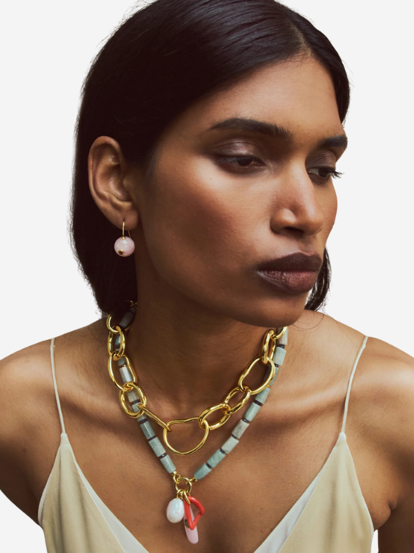 Close-up of the Comet Earrings in Madagascar Rose by Lizzie Fortunato, showcasing the unique rose quartz and pink rhodolite stones, ideal for gifting.