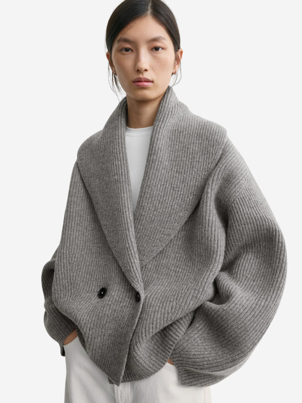 Full view of the Shawl-Lapel Cardigan in Mid Grey Melange designed by TOTEME, demonstrating elegance and comfort.