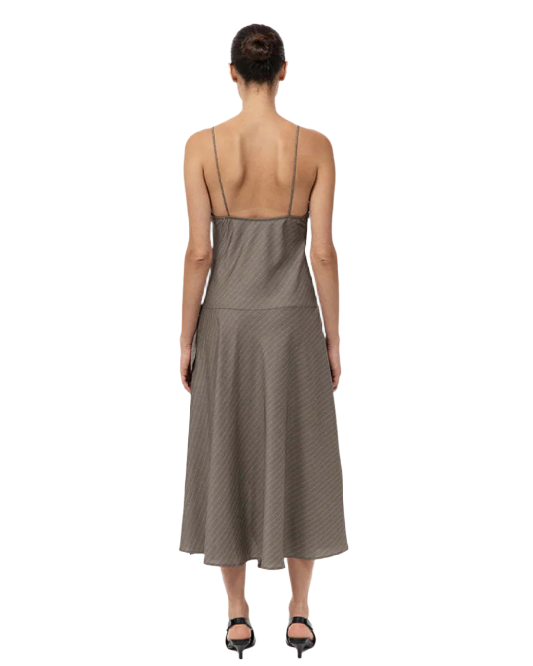 Full-length look at the Asymmetric Slip Dress in Khaki Pinstripe, demonstrating the overall chic design and elegant draping. A must-have asymmetric slip dress for any wardrobe.