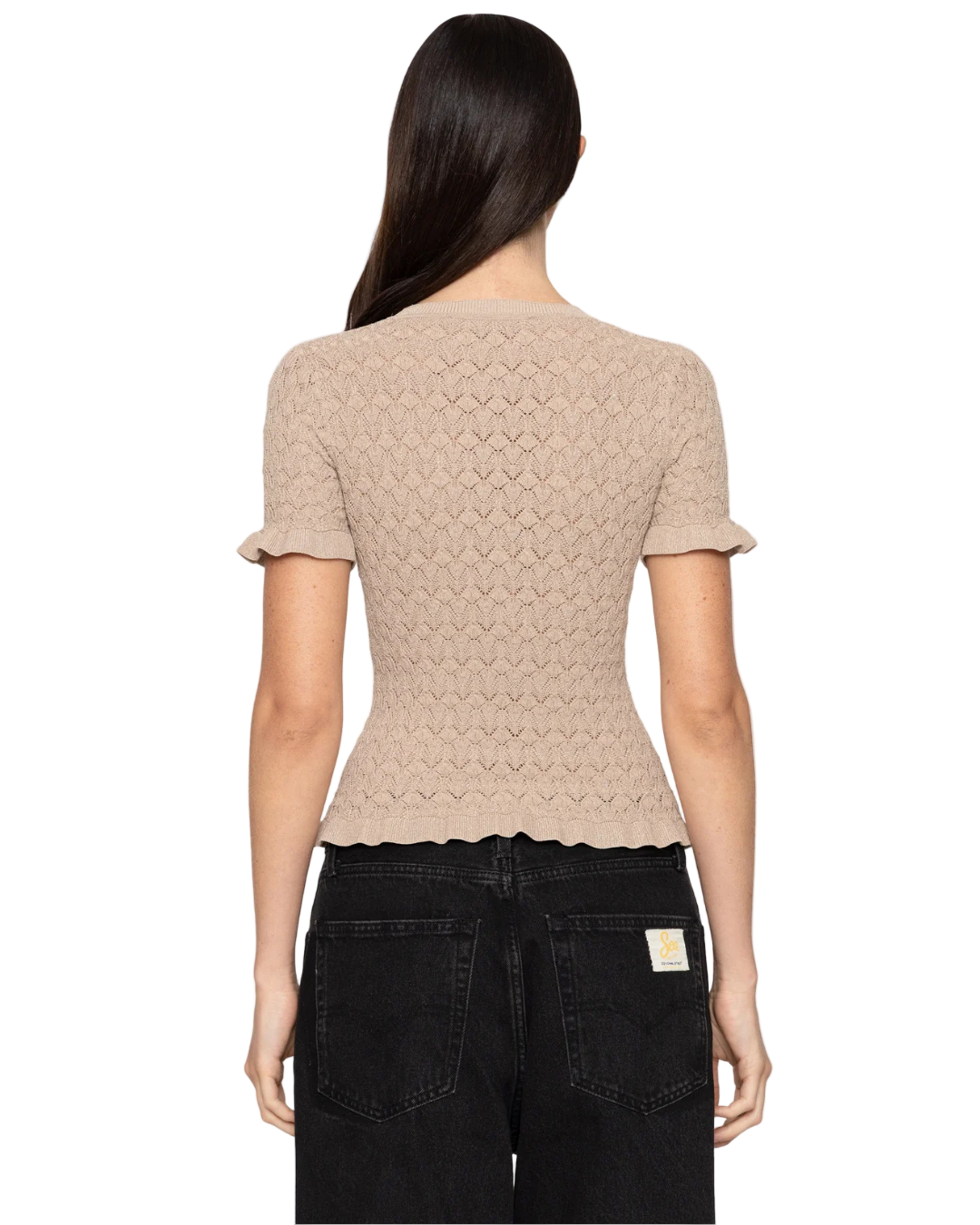 The back view of the Ruby Top in Champagne by SEA New York, highlighting the intricate details and shimmering fabric.