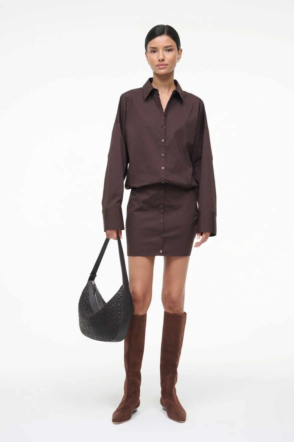 Back view of the Cynthia Dress in Earth by Staud, featuring the shirtdress design and soft cotton fabric.