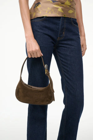 Owen Bag in Truffle, showcasing the unique texture of its suede material.