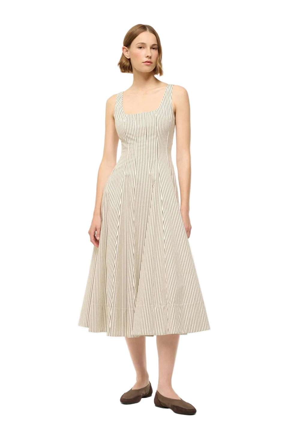 Close-up of the Wells Dress in Ivory/Dark Oak Micro Stripe by Staud featuring textured cotton poplin fabric.