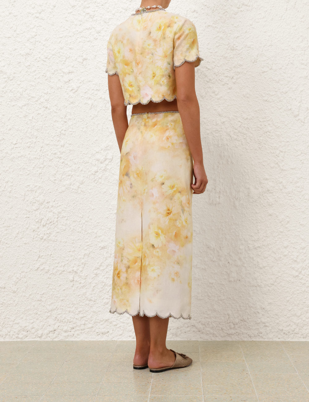 Crush Scalloped Midi Skirt in Yellow Floral