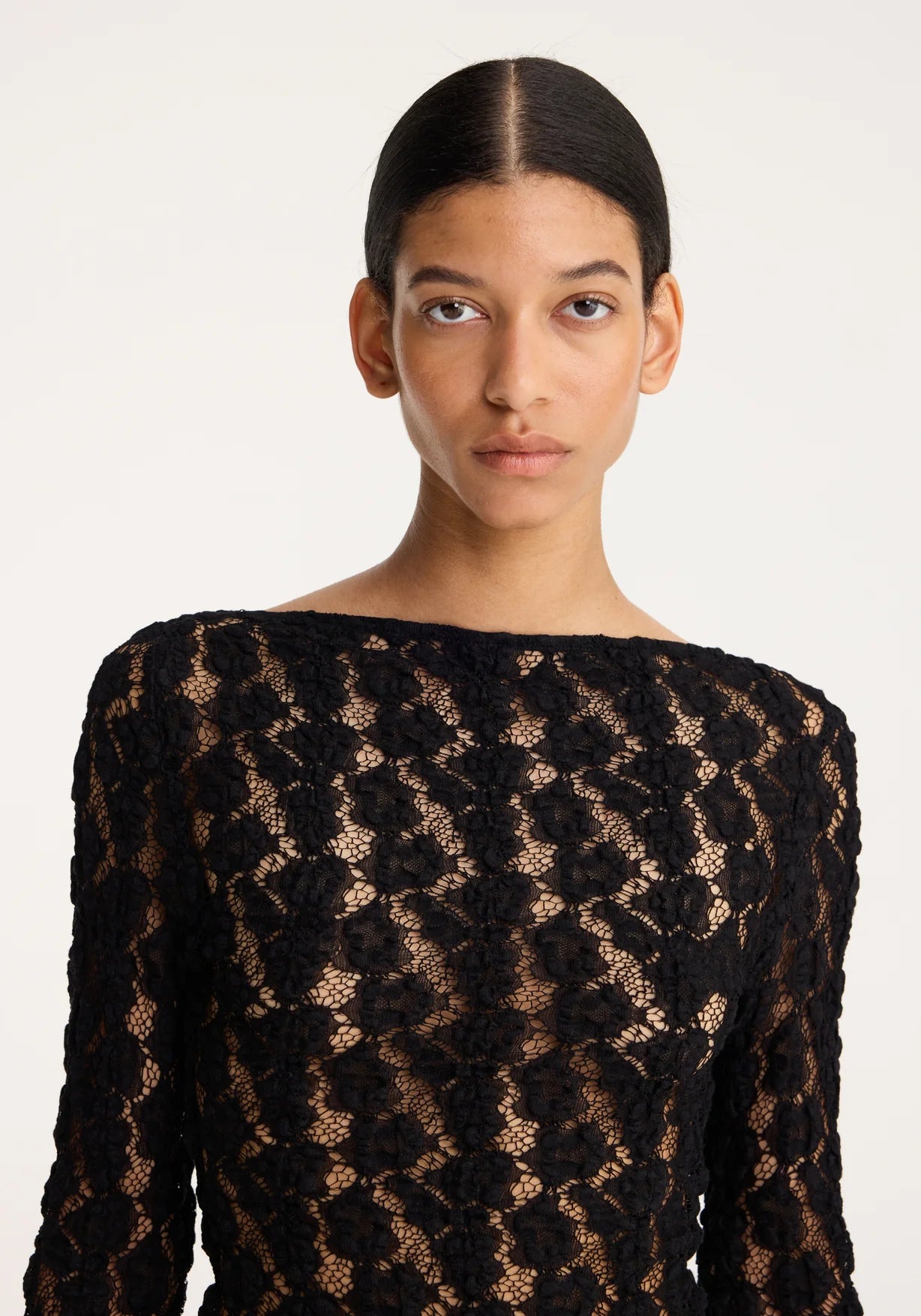 Lace Boat Neck Top in Black