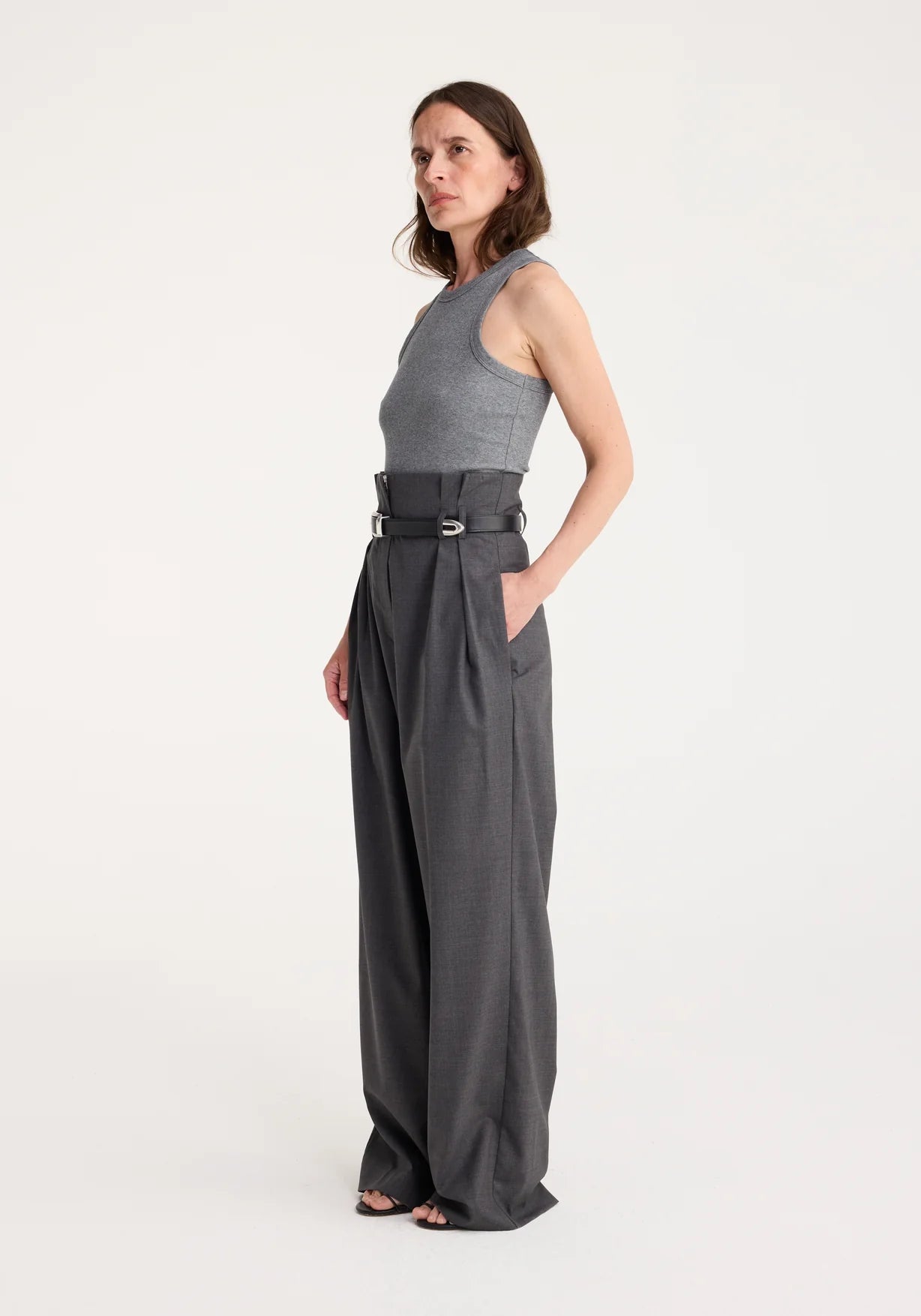 High-waisted Paperbag Trousers in Dark Grey Melange