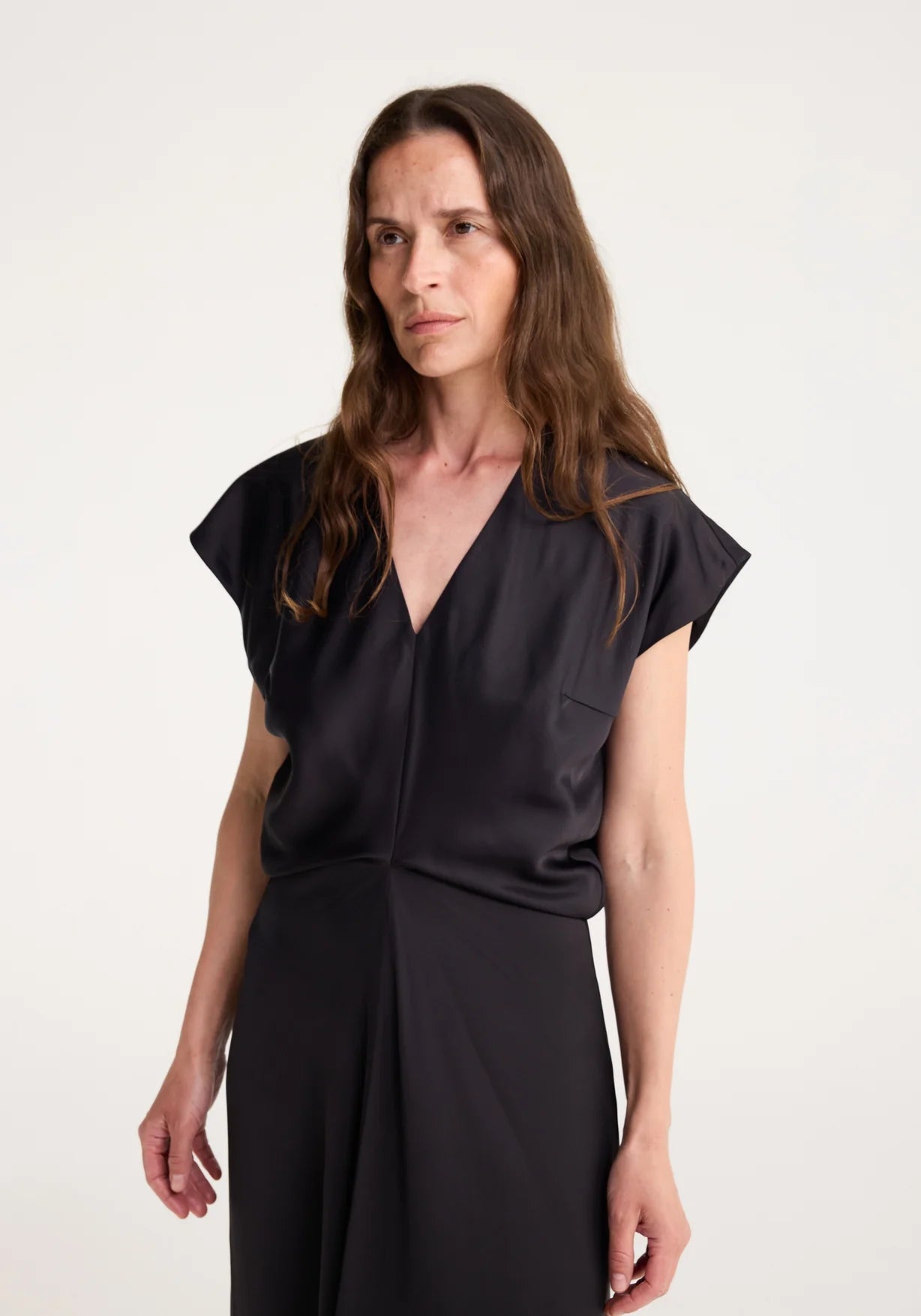 V-neck Draped Short Sleeve Dress in Black