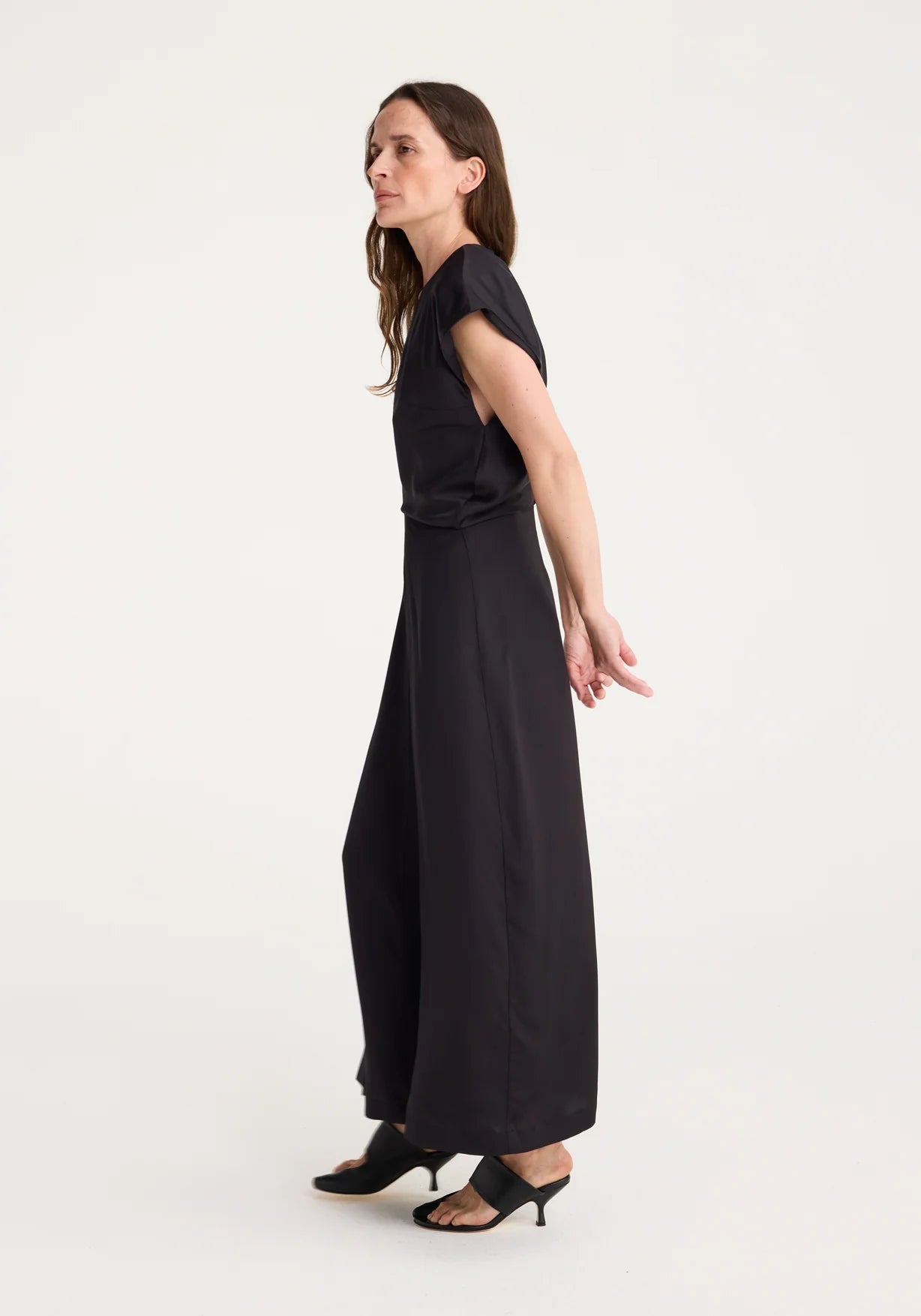 V-neck Draped Short Sleeve Dress in Black