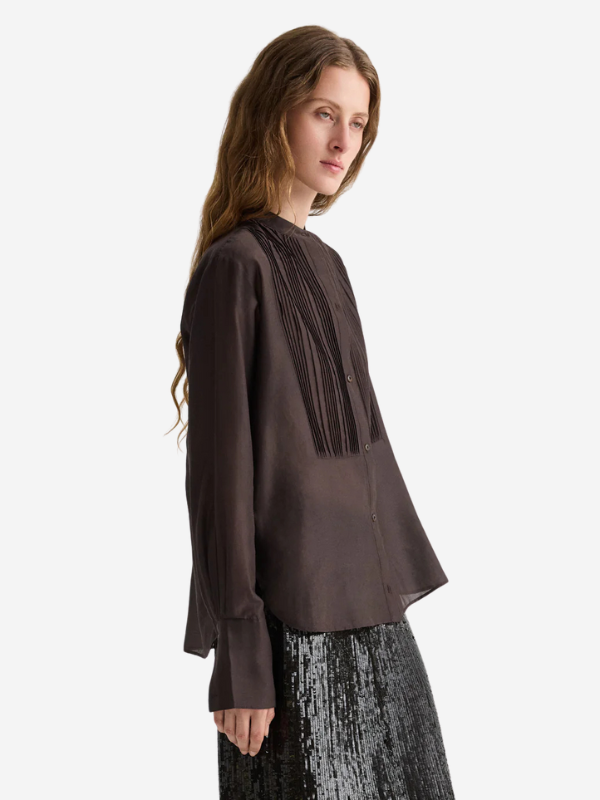 Model wearing The Night Before Shirt in Delicioso, showcasing its stylish design and lightweight fabric.