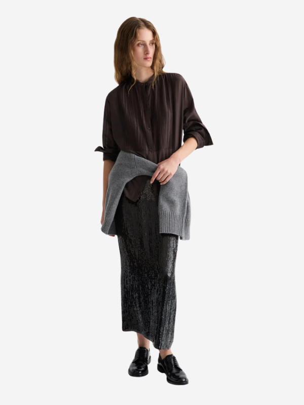 Close-up of The Night Before Shirt in Delicioso, highlighting the bib front detailing and exposed button placket.