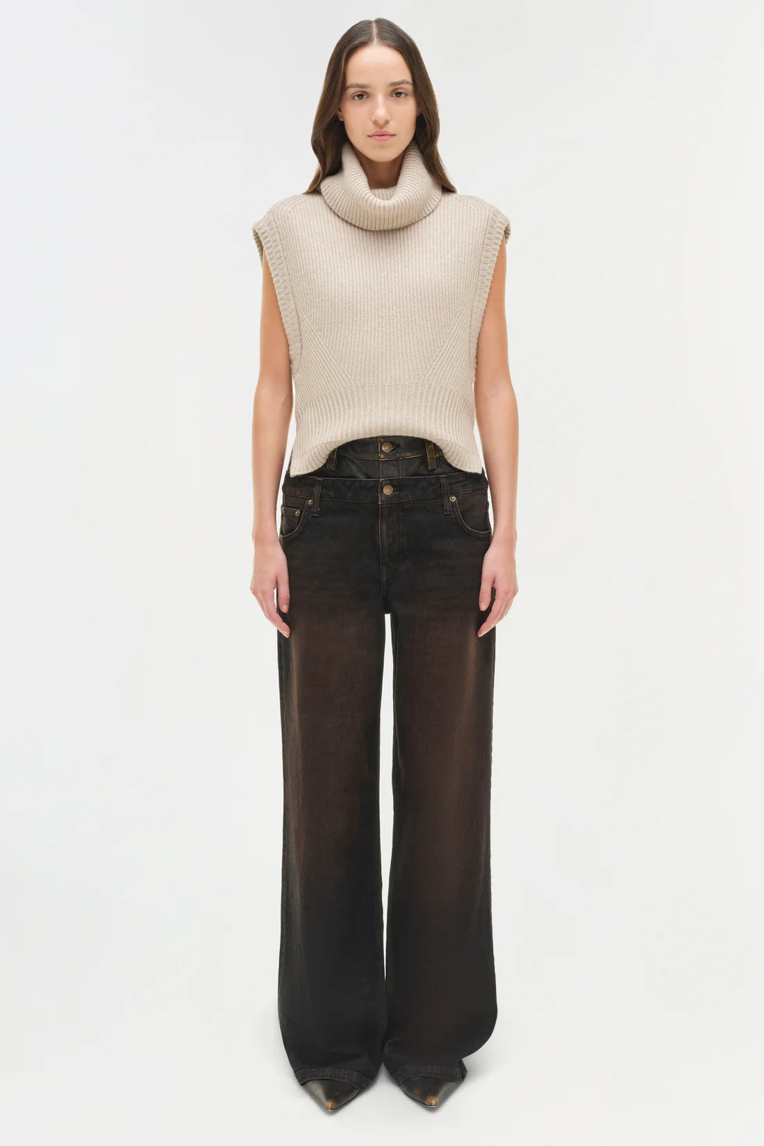 Close-up view of Simkhai's Maple Wool Cashmere Top in Oatmeal fabric, highlighting its soft texture and quality blend.