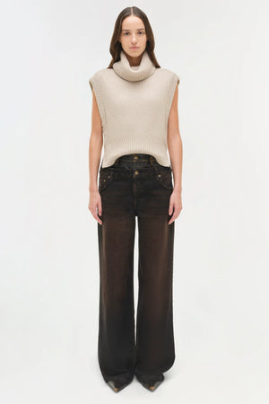 Close-up view of Simkhai's Maple Wool Cashmere Top in Oatmeal fabric, highlighting its soft texture and quality blend.