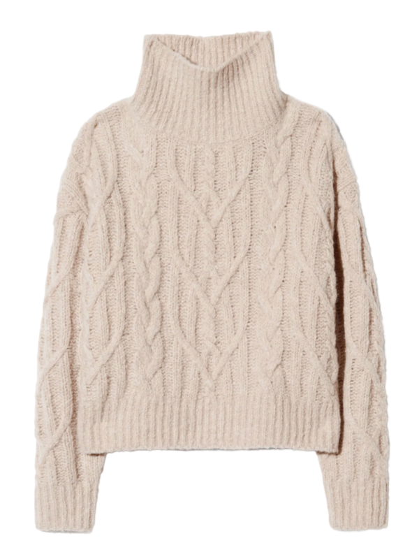 Nili Lotan Fairiny Sweater in Beige Melange showcasing the chunky aran knit texture and high neck design.