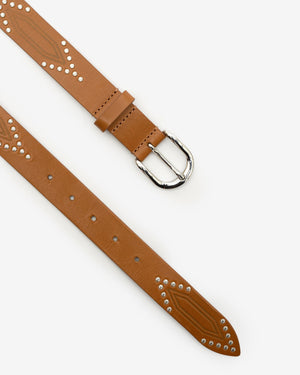 Telly Stud-Embellished Leather Belt in Cognac