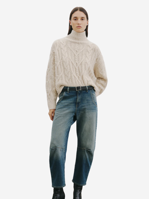 Close-up of the Nili Lotan Fairiny Sweater in Beige Melange highlighting the mixed stitch layout and ribbed details.