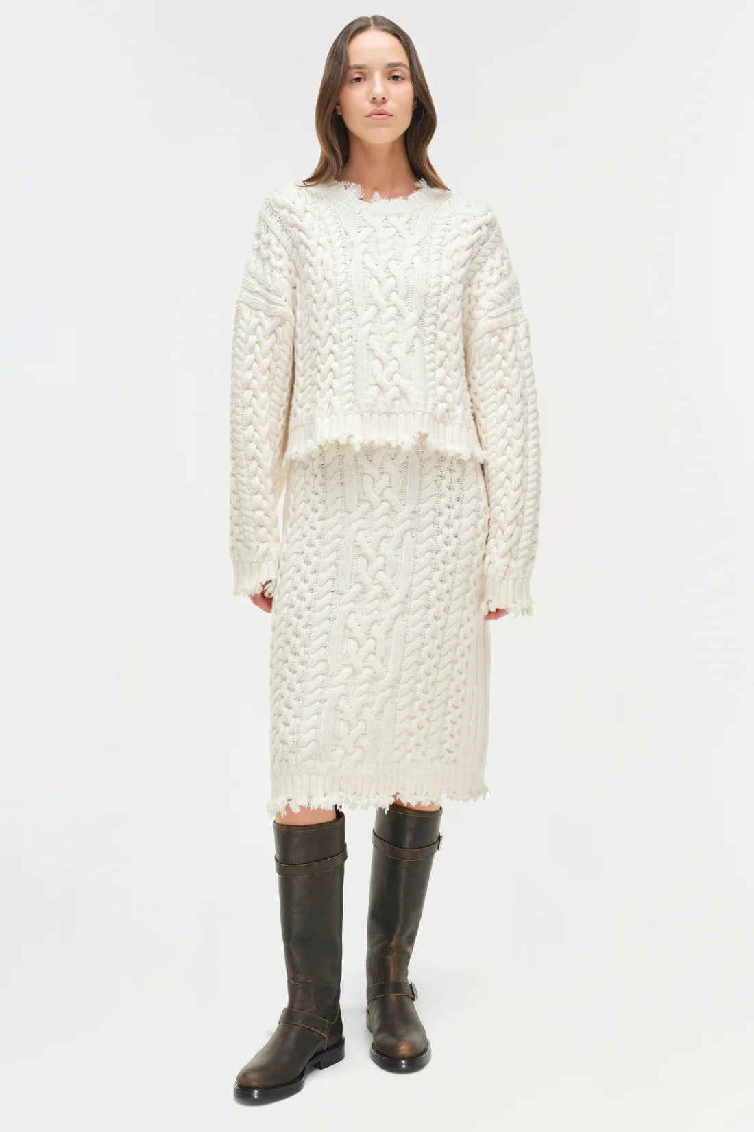Detail of the Felix Knit Cropped Sweater in Ivory, focusing on the soft lambswool material.