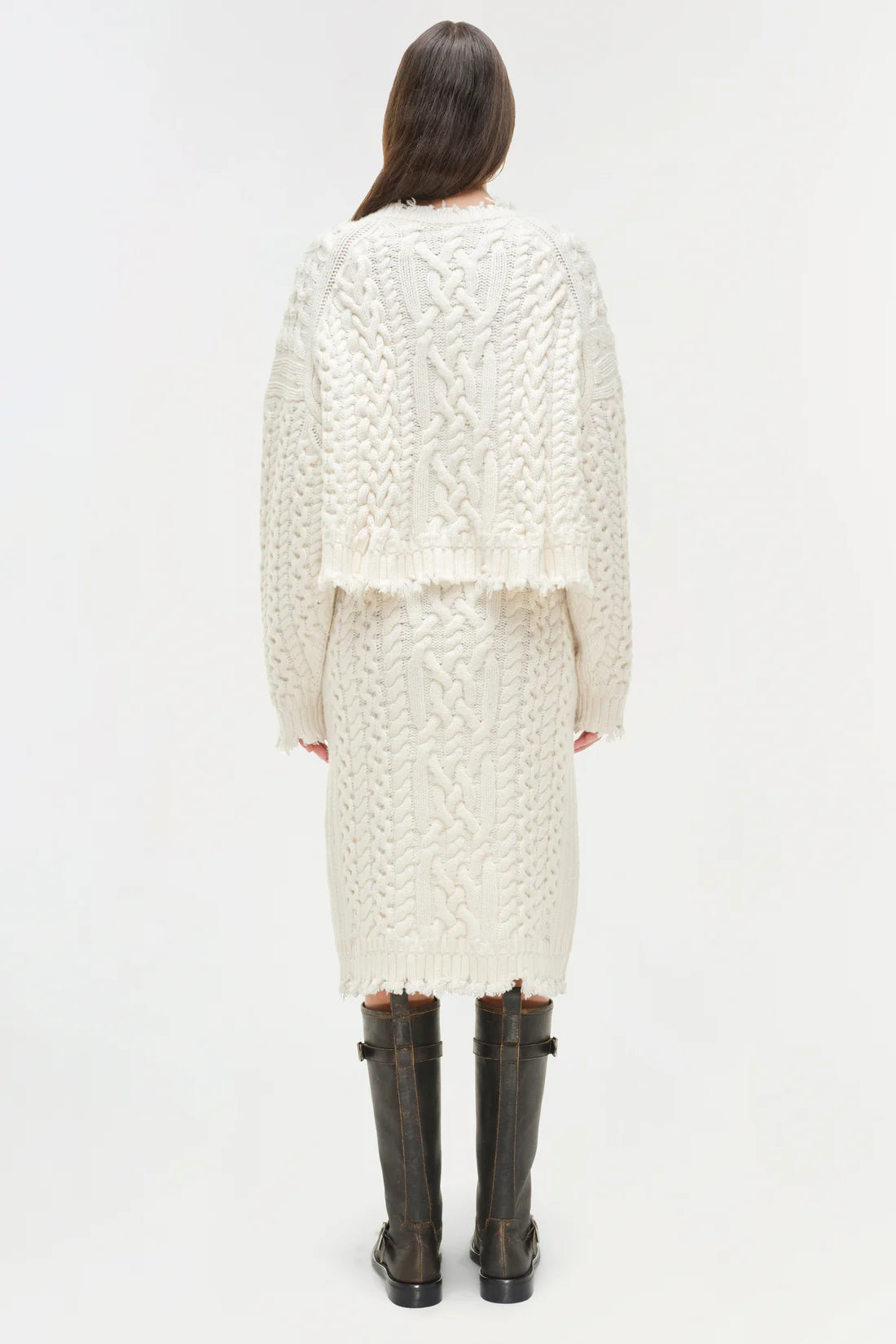 Side angle of the Felix Knit Cropped Sweater in Ivory, displaying the cropped cut and elegant fit.