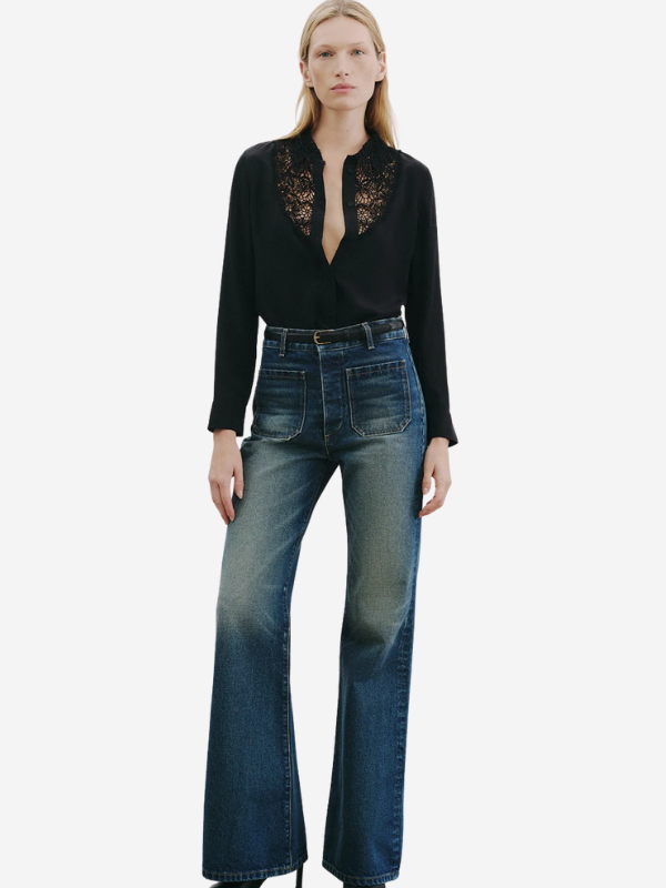 Detail view of Nili Lotan's Florence Jean in Simon Wash, featuring front and back top stitched patch pockets.