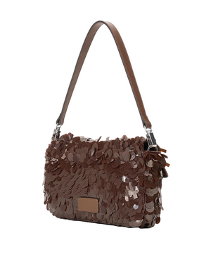 Detailed view of the Timmy Shoulder Bag in Cacao, highlighting its sleek design and luxurious cow leather trim.