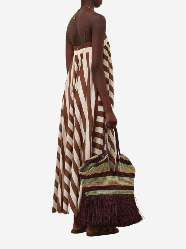 Back view of the Daylight Stripe Maxi Dress in Choc/Cream Stripe, featuring the invisible centre back zip closure.